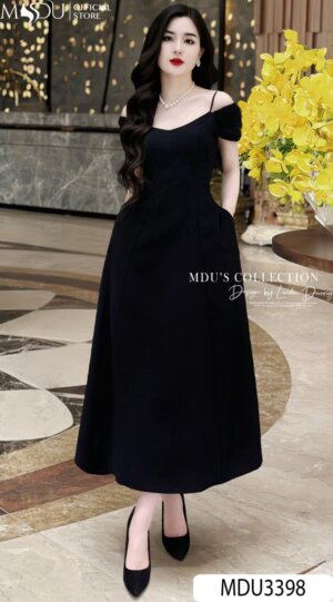 Váy Thiết Kế MDU3398 Màu Đen Sang Chảnh Xếp Ly Vai Quyến Rũ