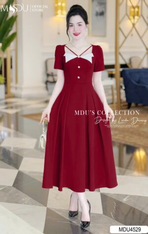 Váy Thiết Kế MDU4529 Cổ Vuông Dây Chéo Tinh Tế Đính Cúc Lấp Lánh
