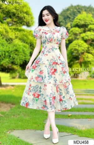 Váy Thiết Kế MDU458 Xếp Tầng Cách Điệu Họa Tiết Hoa Nổi Bật