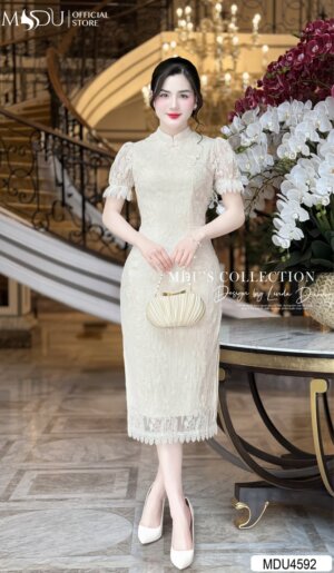 Váy Thiết Kế MDU4592 Ôm Body Màu Kem Nhã Nhặn Họa Tiết Ren Cao Cấp
