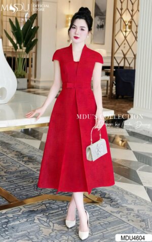 Váy Thiết Kế MDU4604 Cổ Chữ V Cùng Điểm Nhấn Thắt Lưng Nơ