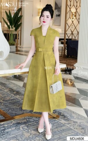 Váy Thiết Kế MDU4606 Cổ Chữ V Thanh Thoát Thắt Lưng Nơ Tạo Điểm Nhấn