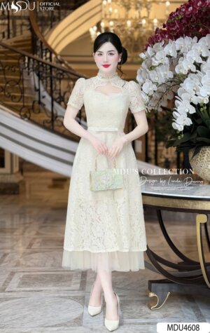 Váy Thiết Kế MDU4608 Cổ Cao Thanh Lịch Cùng Họa Tiết Tinh Xảo