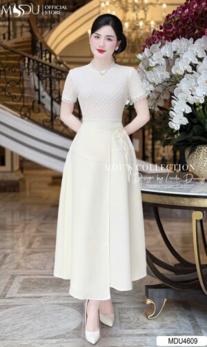 Váy Thiết Kế MDU4609 Dáng Váy Xòe Nhẹ Thắt Lưng Nơ Tinh Tế