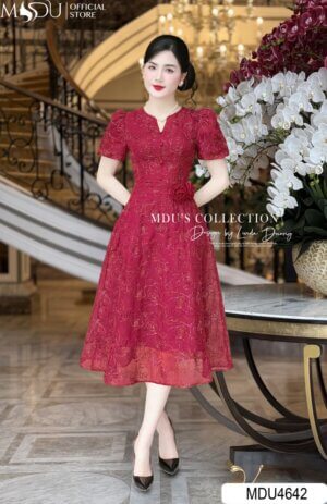 Váy Thiết Kế MDU4642 Màu Đỏ Tay Phồng Cổ Cách Điệu Tinh Tế