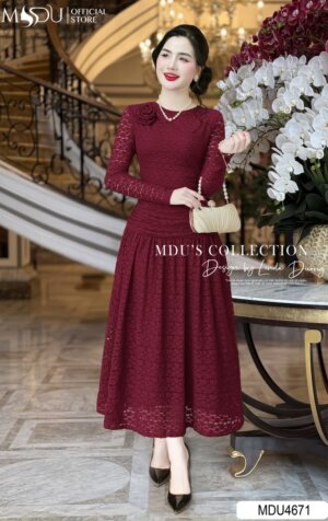 Váy Thiết Kế MDU4671 Màu Đỏ Đô Đính Hoa Ren Ở Ngực Tinh Tế