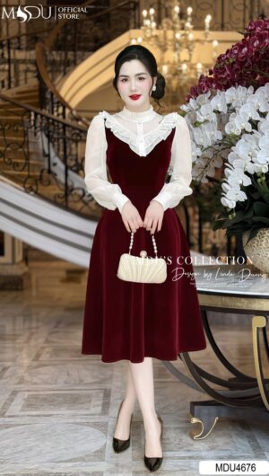 Váy Thiết Kế MDU4676 Gam Màu Đỏ Sang Trọng Cổ Nhún Cách Điệu