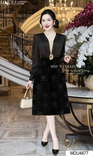 Váy Thiết Kế MDU4677 Dáng Xòe Nhẹ Phối Cùng Cổ Xẻ Sâu Hiện Đại