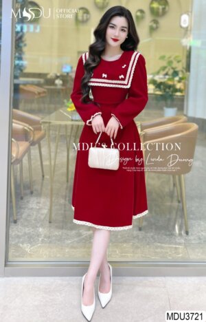 Váy Thiết Kế MDU3721 Màu Đỏ Thiết Kế Vai Bồng