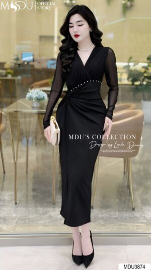 Váy Thiết Kế MDU3874 Dáng Dài Ôm Nhẹ Xoắn Eo Làm Điểm Nhấn