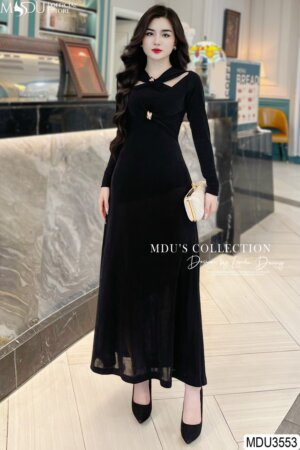 Váy Thiết Kế MDU3553 Màu Đen Cổ Xẻ Chiết Eo Thu Hút Ánh Nhìn