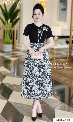 Váy Thiết Kế MDU4519 Phối Họa Tiết Bắt Mắt Cùng Dáng Váy Xòe Nhẹ