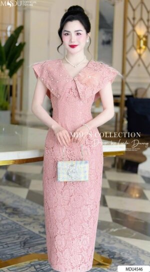 Váy Thiết Kế MDU4546 Màu Hồng Pastel Đính Hoa Ren Tinh Tế