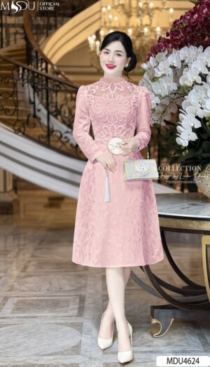 Váy Thiết Kế MDU4624 Màu Hồng Họa Tiết Dệt Tinh Xảo
