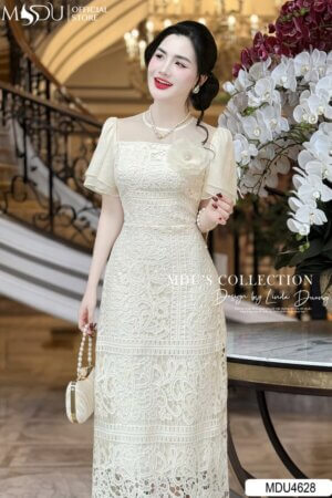 Váy Thiết Kế MDU4628 Màu Kem Nhã Nhặn Tay Bồng Bềnh Nhẹ