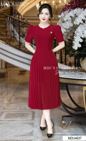 Váy Thiết Kế MDU4637 Gam Màu Đỏ Tay Bồng Nơ Đá Trước Ngực Sang Trọng