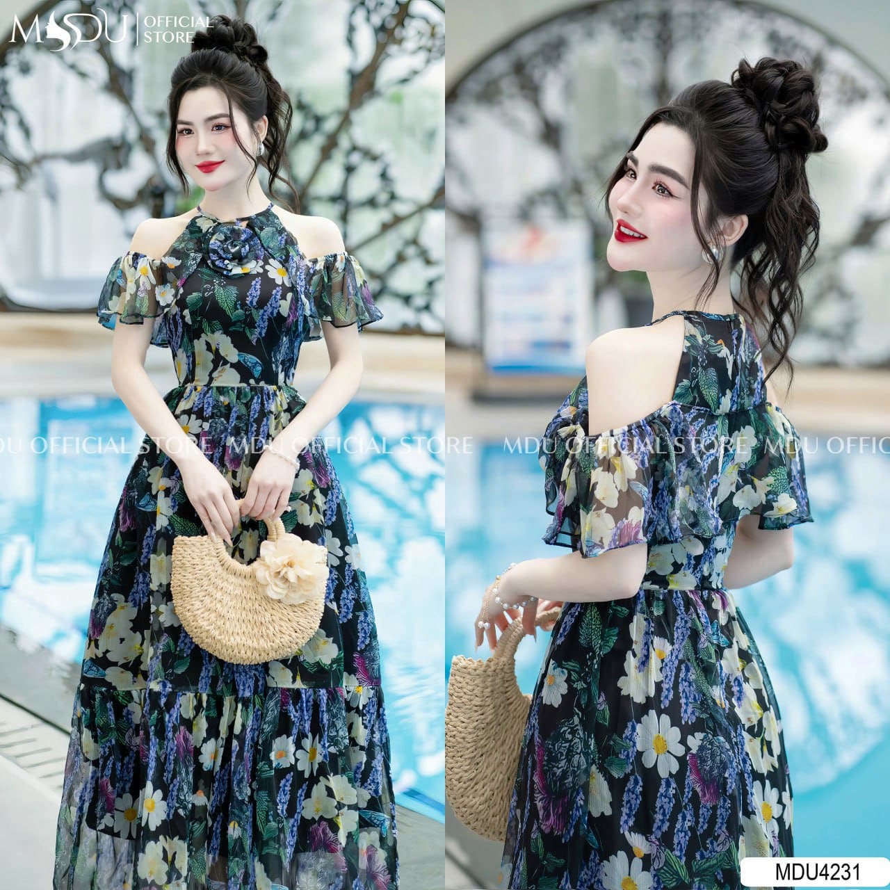 Những Kiểu Trang Phục Giúp Nàng Nhỏ Nhắn "Ăn Gian" Chiều Cao - Váy Xanh Họa Tiết Trễ Vai Quyến Rũ