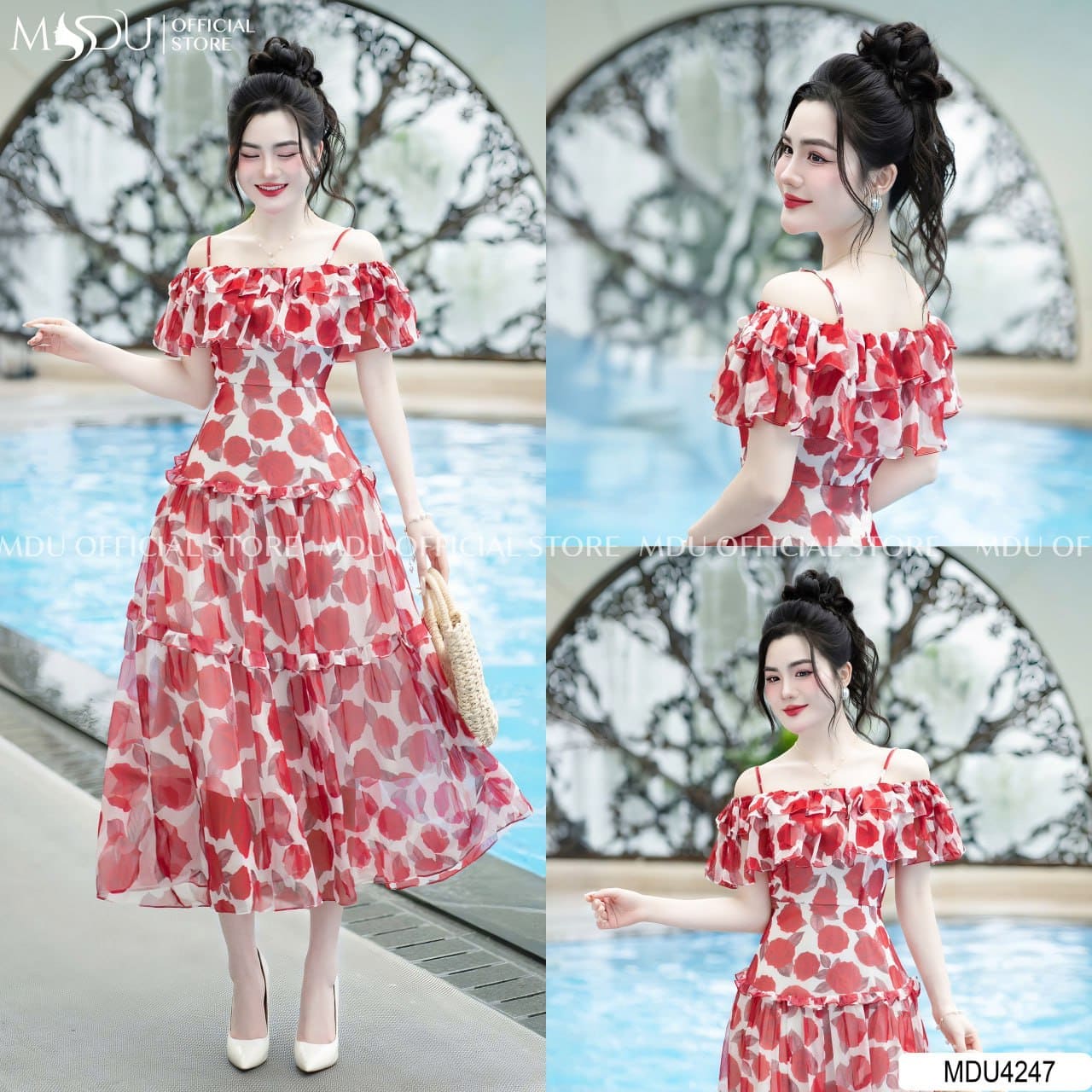 Những Kiểu Trang Phục Giúp Nàng Nhỏ Nhắn "Ăn Gian" Chiều Cao - Váy Trễ Vai Phối Họa Tiết Đỏ Bắt Mắt