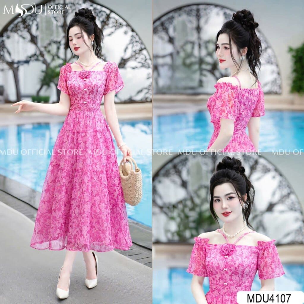 Đi biển mặc gì chụp hình đẹp - Váy Hồng Đính Hoa Độc Đáo