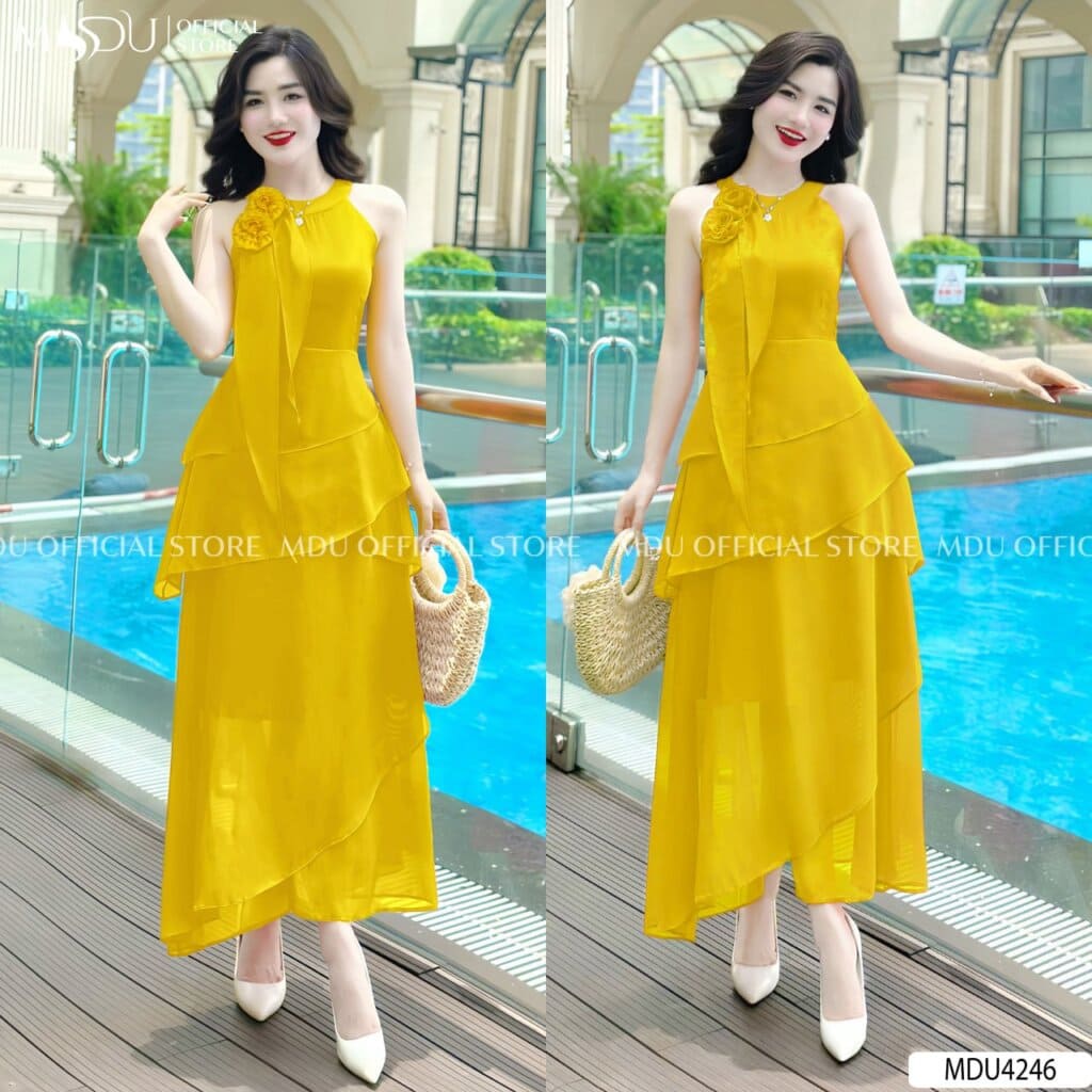 Đi biển mặc gì chụp hình đẹp - Váy màu vàng bắt mắt