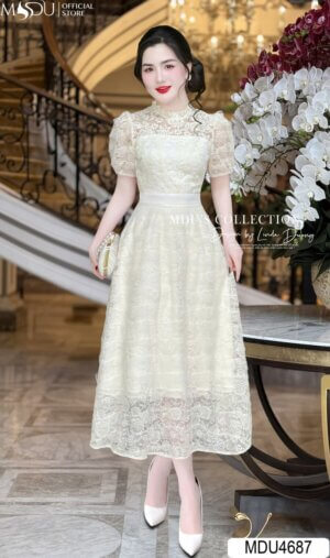 Váy Thiết Kế MDU4687 Cổ Cao Viền Ren Dáng Xòe Thanh Lịch