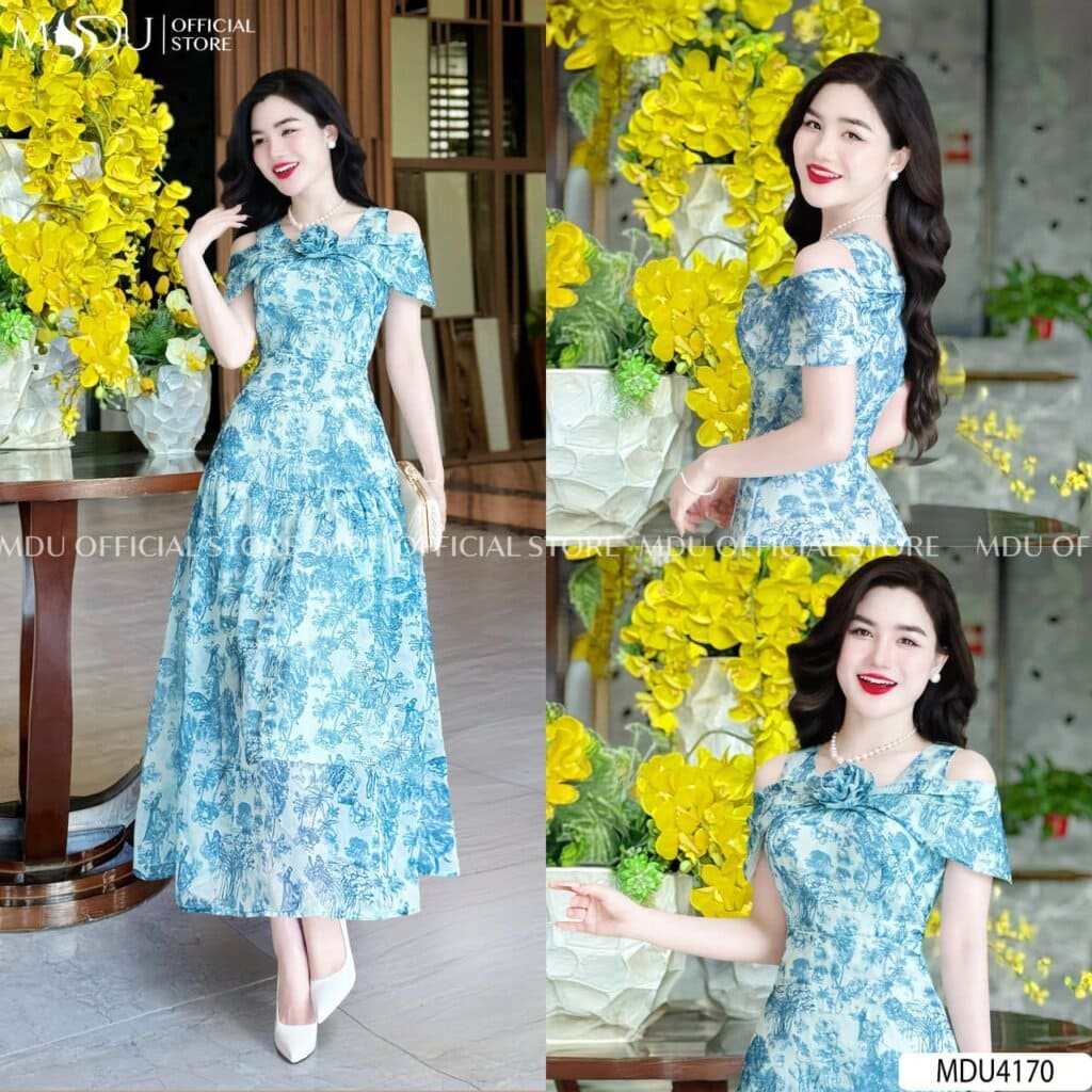 Những Thiết Kế Thời Trang Đi Biển Tuổi 40 Ấn Tượng Từ MDU Fashion - Váy Đi Biển Trễ Vai Hoa Đính Ngực