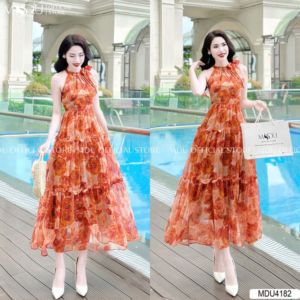 Những Thiết Kế Thời Trang Đi Biển Tuổi 40 Ấn Tượng Từ MDU Fashion - Váy Đi Biển Cổ Yếm Tông Cam