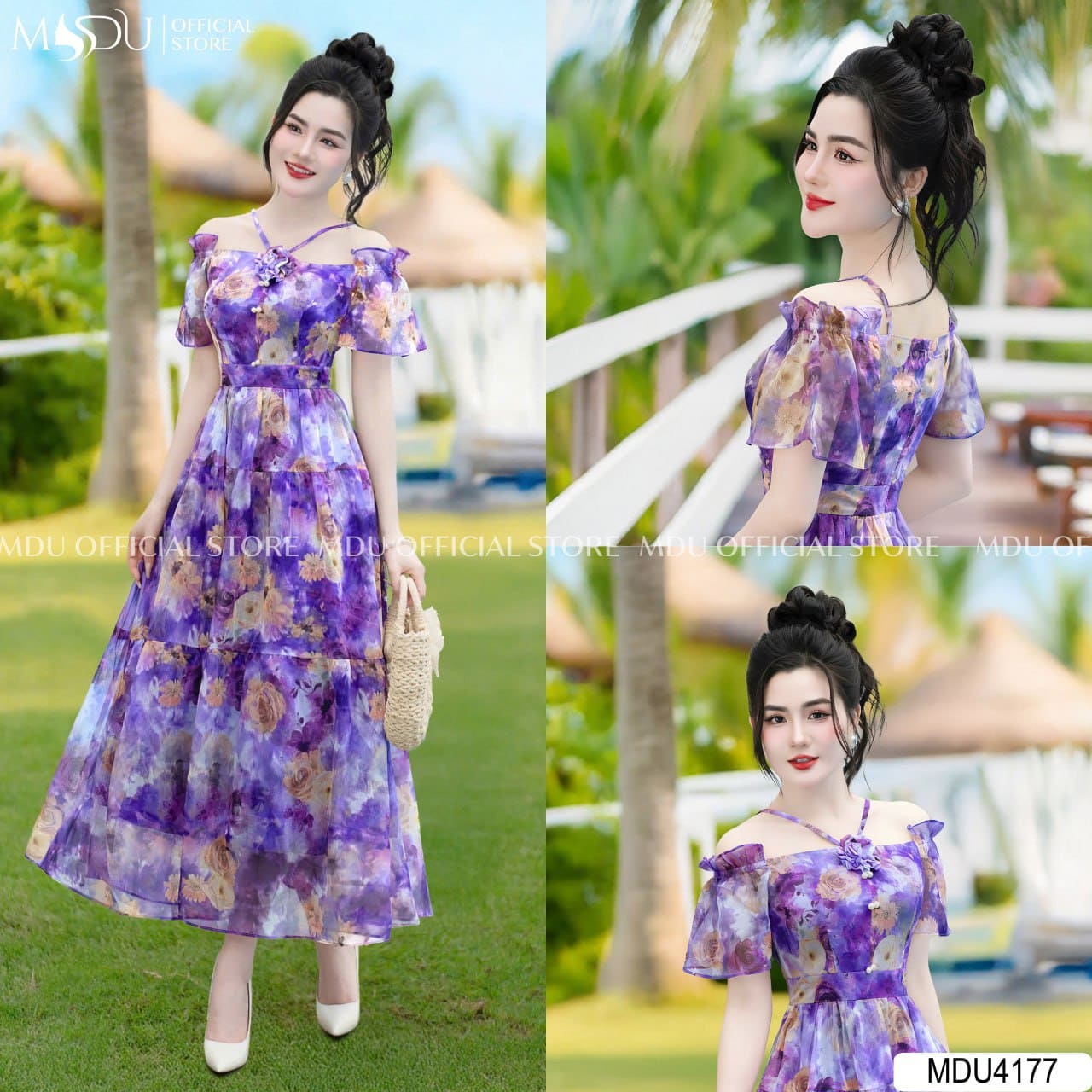 Những Thiết Kế Thời Trang Đi Biển Tuổi 40 Ấn Tượng Từ MDU Fashion - Váy Đi Biển Màu Tím Phối Họa Tiết