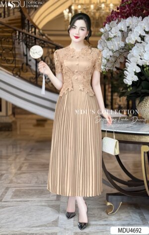 Váy Thiết Kế MDU4692 Nâu Nude Phối Ren Hoa Hồng Dáng Xòe