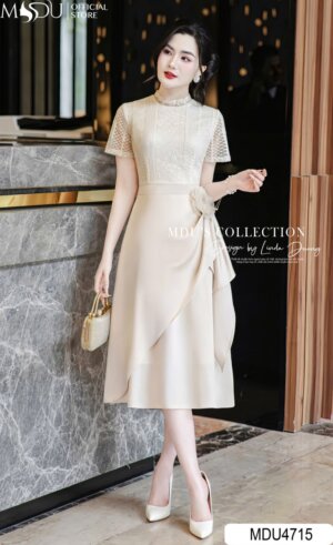 Váy Thiết Kế MDU4715 Dáng Xòe Ren Phủ Hoa Đính Be Thời Thượng