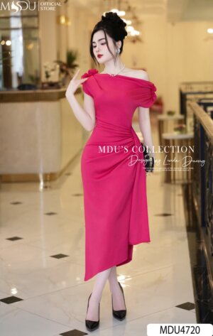 Váy Thiết Kế MDU4720 Lệch Vai Hoa Nhún Hồng Ruby Quyến Rũ