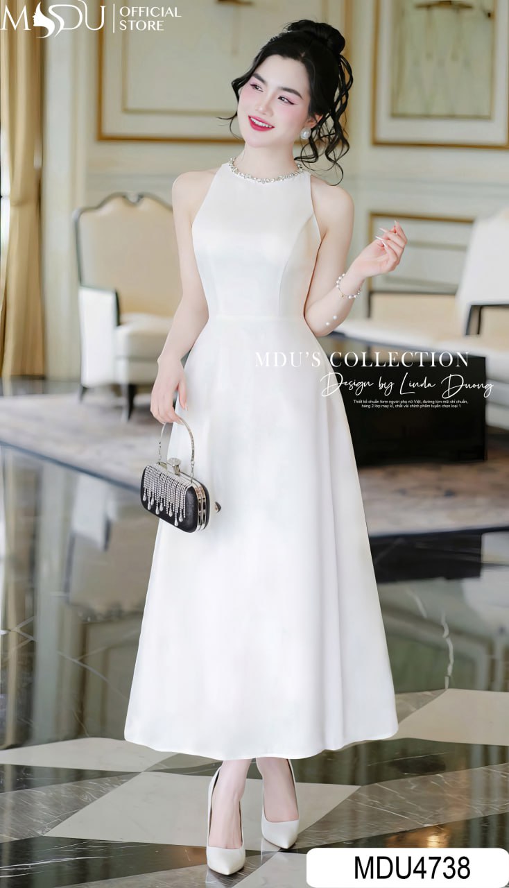 Designer Dress MDU4738 Halter Neck with Crystal Embellishments Long Flowy Elegant Design