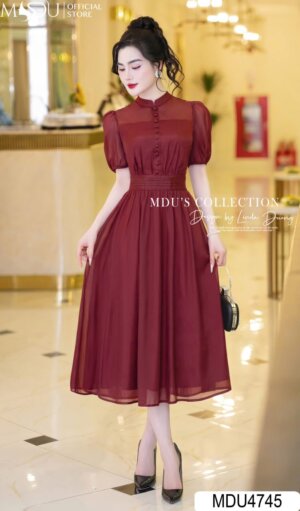Váy Thiết Kế MDU4745 Dáng Xòe Cổ Cao Cúc Bọc Sang Trọng