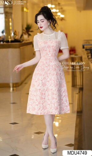 Váy Thiết Kế MDU4749 Gấm Xốp Cao Cấp Dáng Xòe Cổ Tròn Bèo Nhún