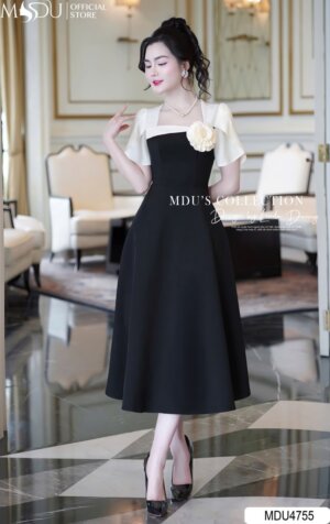 Váy Thiết Kế MDU4755 Mango Ý Phối Tơ Tay Rũ Hoa Đính Thủ Công Quý Phái