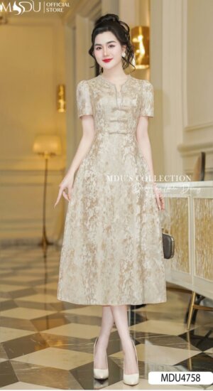 Váy Thiết Kế MDU4758 Gấm Lụa Vàng Champagne Cổ V Đính Đá