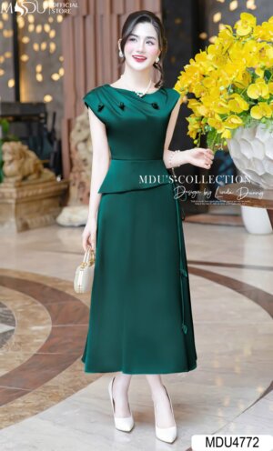 Váy Thiết Kế MDU4772 Lụa Twist Satin Peplum Xanh Ngọc Thanh Lịch