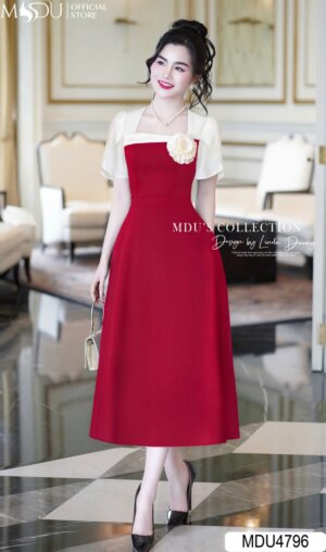 Váy Thiết Kế MDU4796 Tay Rũ Thanh Thoát Hoa Đỏ Quý Phái Dáng Xòe Nhẹ