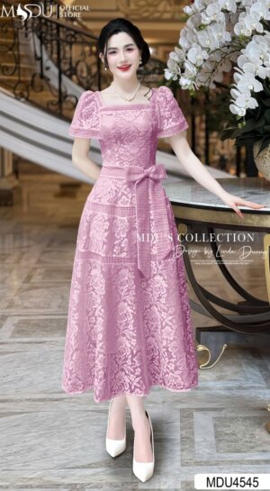 Váy Thiết Kế MDU4545 Cổ Vuông Cách Điệu Phối Ren Cao Cấp