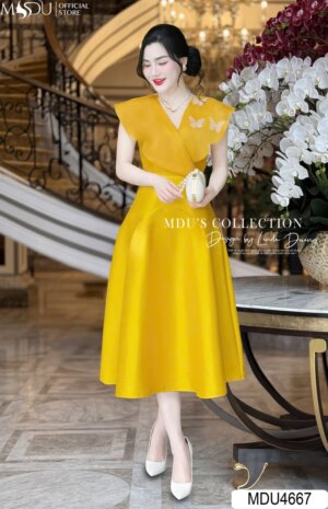 Váy Thiết Kế MDU4667 Váy Tafta Vàng Tay Cánh Tiên Cổ V Thanh Lịch