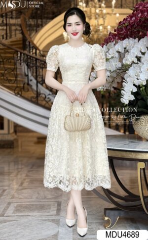Váy Thiết Kế MDU4689 Ren Dệt Cao Cấp Cổ Ngọc Trai Dáng Xòe Thanh Lịch