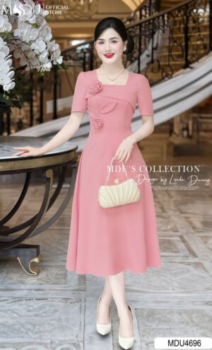 Váy Thiết Kế MDU4696 Cổ Vuông Thanh Lịch Hoa Đính Nổi Tinh Tế