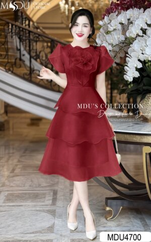 Váy Thiết Kế MDU4700 Màu Đỏ Tay Bồng Họa Tiết Hoa 3D