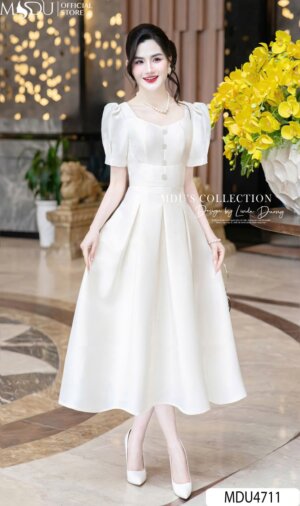 Váy Thiết Kế MDU4711 Đầm Trắng Ngọc Trai Tay Bồng Cúc Ngọc Sang Trọng