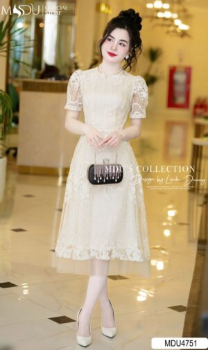 Váy Thiết Kế MDU4751 Màu Kem Ren Thêu Tay Bồng Và Họa Tiết Tinh Xảo