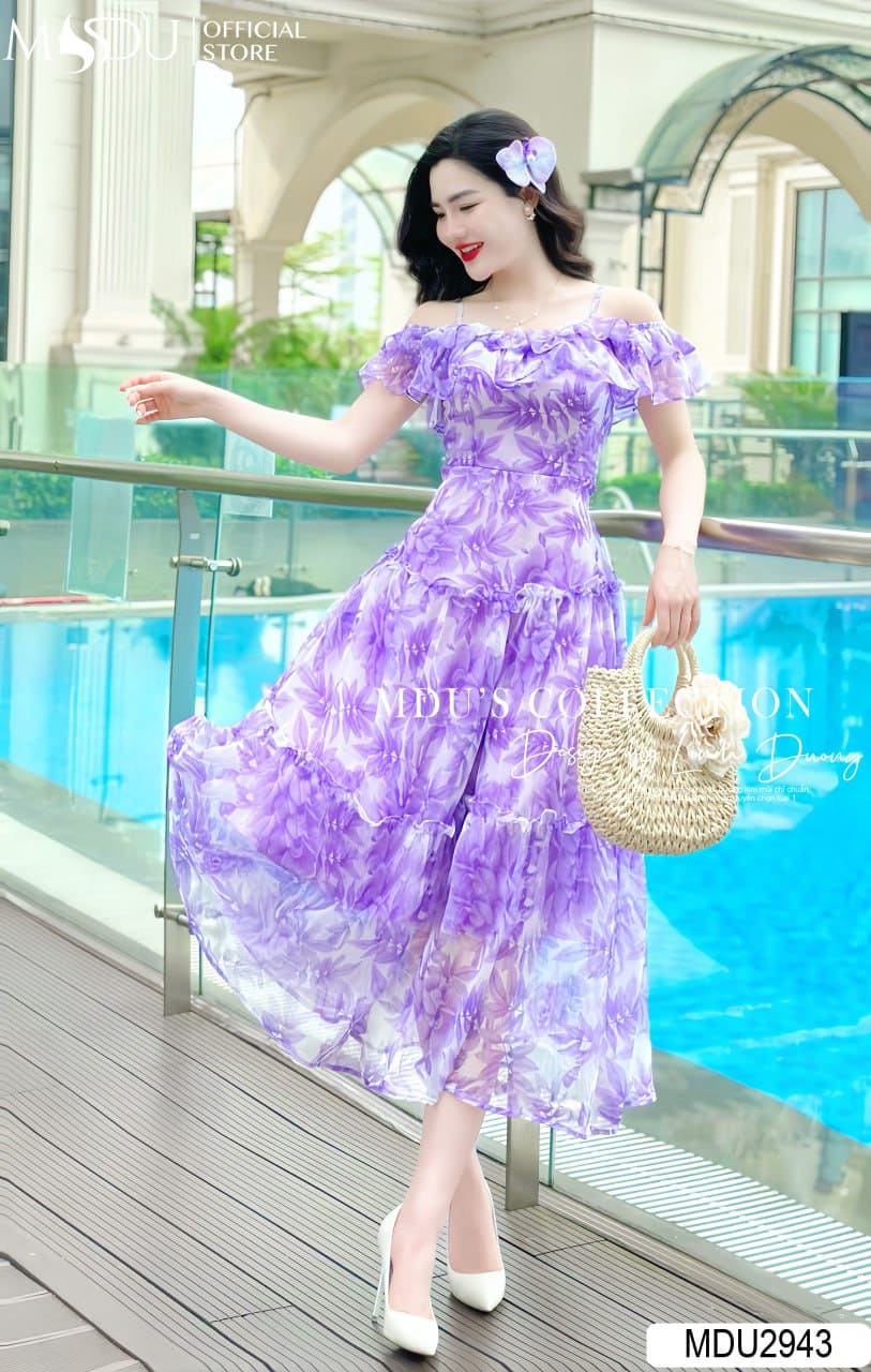 Các Kiểu Dáng Đầm Maxi Trễ Vai Đẹp Nhất - Họa Tiết Hoa Nhí