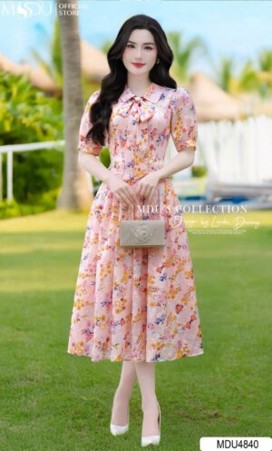 Váy Thiết Kế MDU4840 Dáng Xòe Cổ Thắt Nơ Tơ Ép Cao Cấp