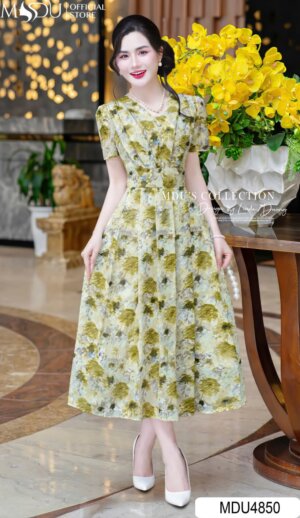 Váy Thiết Kế MDU4850 Dáng Xòe Cổ V Tơ Ép Hoa Văn Thiên Nhiên