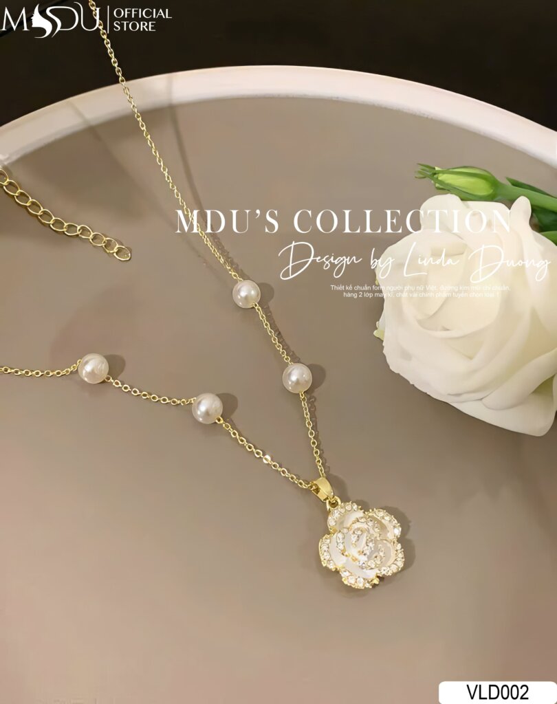 VLD002 Dây Chuyền Đính Hoa Hồng Và Hạt Ngọc Trai Cao Cấp