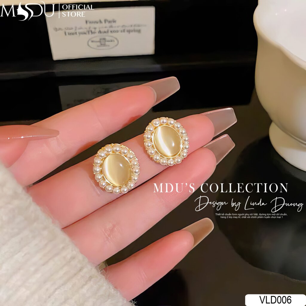 VLD006 Khuyên Tai Thiết Kế Oval Đính Ngọc Xà Cừ